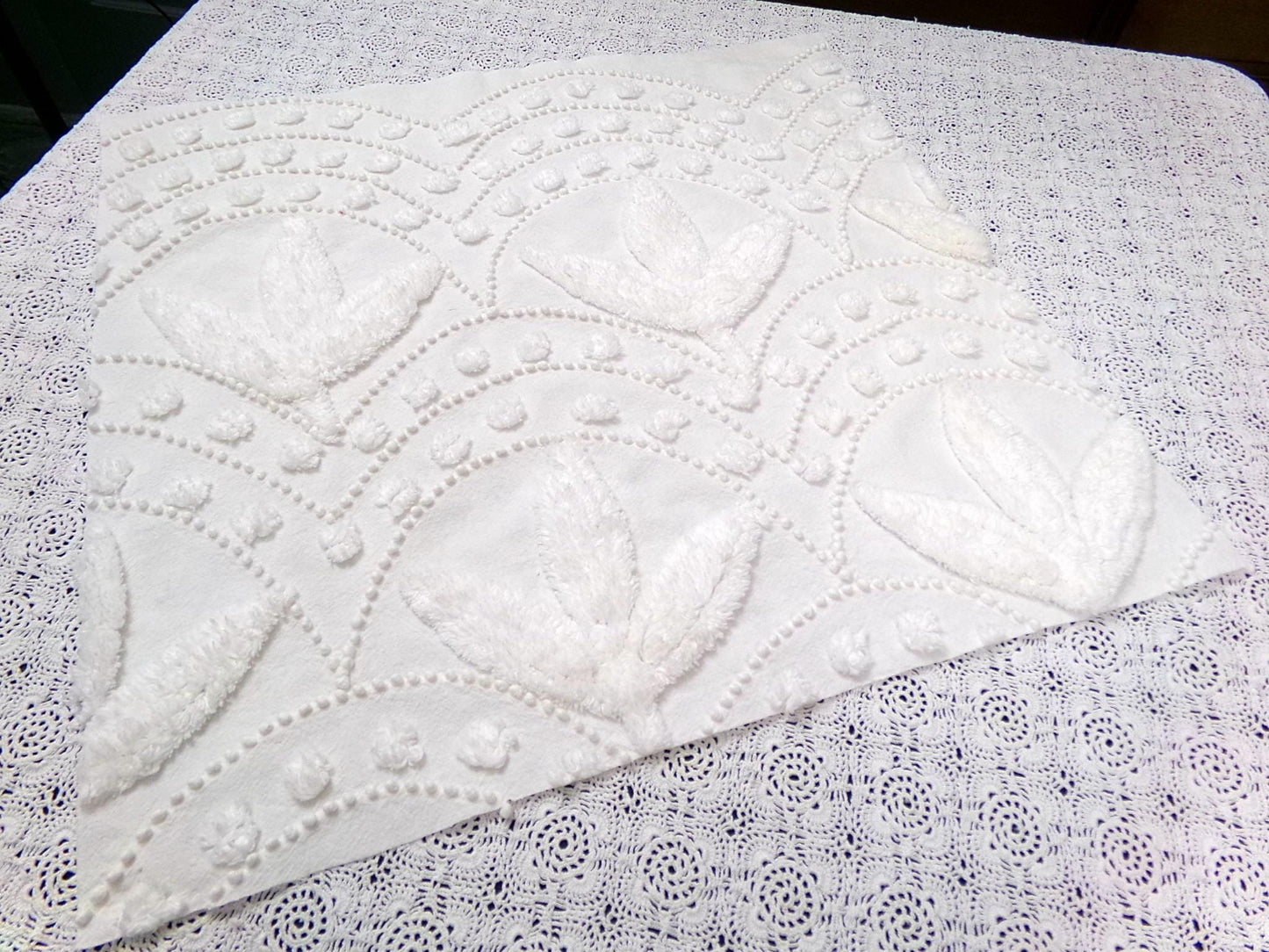 Dainty Vintage Chenille Fabric, Creamy Botanical Leaf Pearl Dots, 20x20" Piece