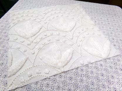 Dainty Vintage Chenille Fabric, Creamy Botanical Leaf Pearl Dots, 20x20" Piece