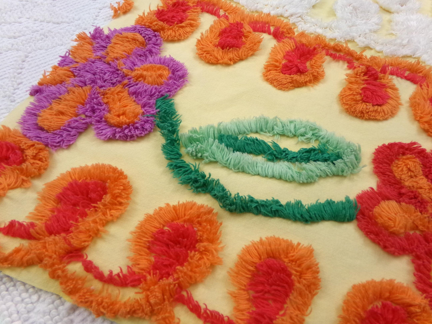Sunny Side Up Yellow Vintage Chenille Fabric, tufted floral curlicue dots, piece sewing craft quilt material, 16" x 27"