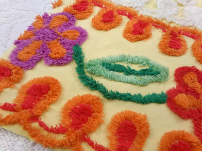 Sunny Side Up Yellow Vintage Chenille Fabric, tufted floral curlicue dots, piece sewing craft quilt material, 16" x 27"