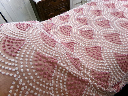 pink mermaid tails vintage chenille bedspread, antique twin size coverlet summer bedding