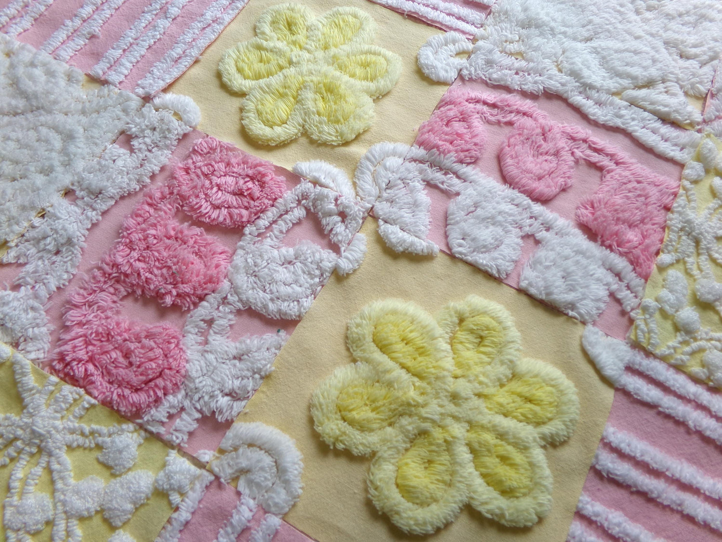 vintage chenille fabric squares, "sunshine smiles" set of 16 pink & yellow floral 6" quilt blocks for quilting, crafts, sewing