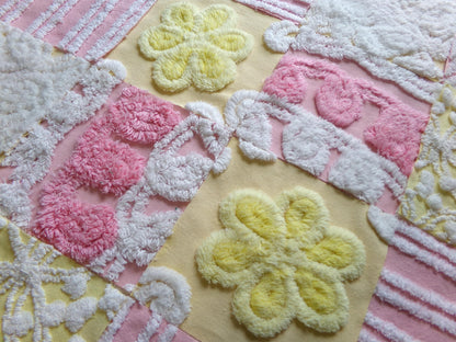 vintage chenille fabric squares, "sunshine smiles" set of 16 pink & yellow floral 6" quilt blocks for quilting, crafts, sewing