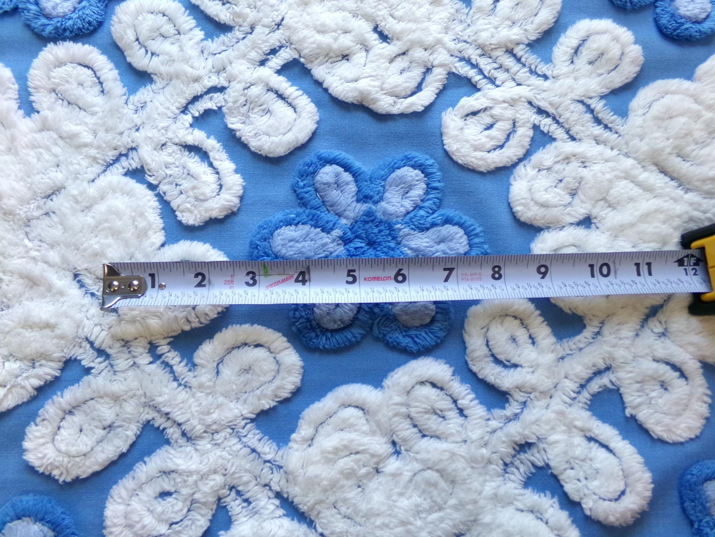 blueberry blossoms vintage chenille fabric, thickly tufted white curlicues & blue rose florals, 27" x 24" cut piece of sewing craft material