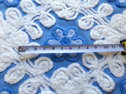 blueberry blossoms vintage chenille fabric, thickly tufted white curlicues & blue rose florals, 27" x 24" cut piece of sewing craft material