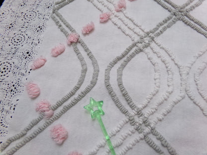 Romantic Rose Vintage Chenille Bedspread Fabric Dove Grey, Pink White Quilt Material 16" x 24"