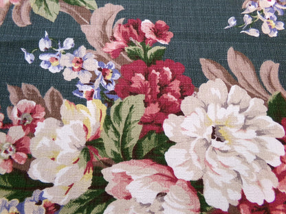 Vintage 1940s Style Repro Barkcloth Fabric Dark Green Cottage Garden Floral, 15.5" x 26"