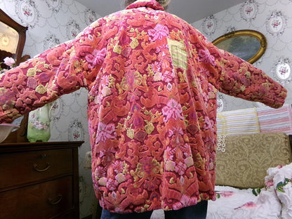 Vintage Bates Velvet Chenille Jacket Handmade Oversized Womens Red Baroque Damask Boho Style, s/m/l/xl