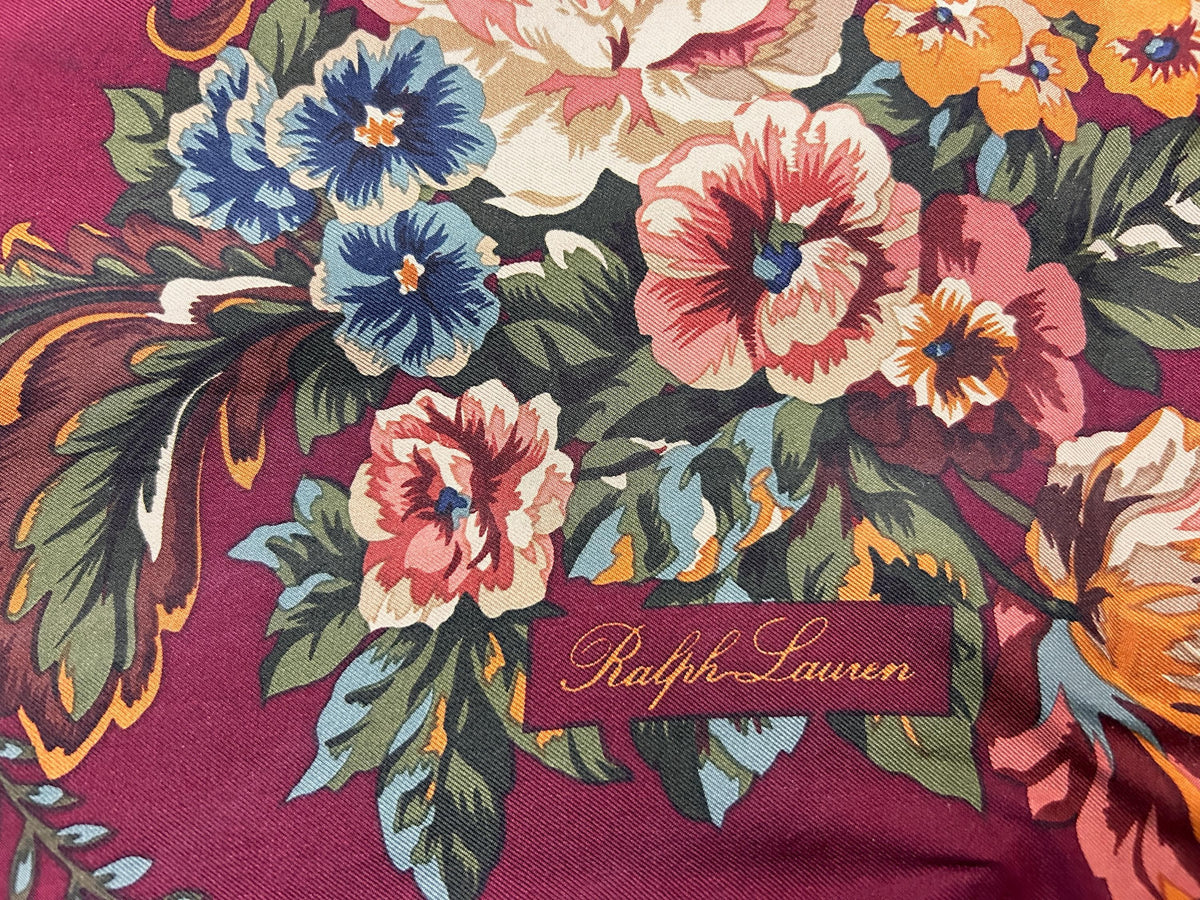 Vintage Ralph Lauren Silk Square Scarf Burgundy Floral Baroque Elegance Japan