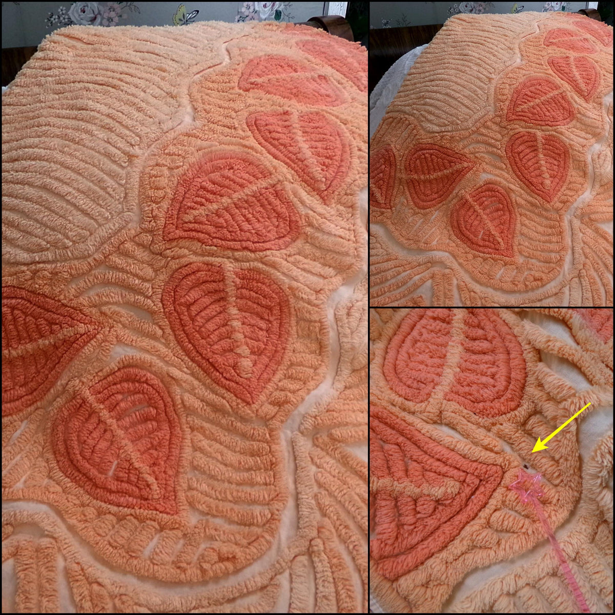 Boho Falling Leaves Vintage Chenille Bedspread, Apricot Peach Twin Size