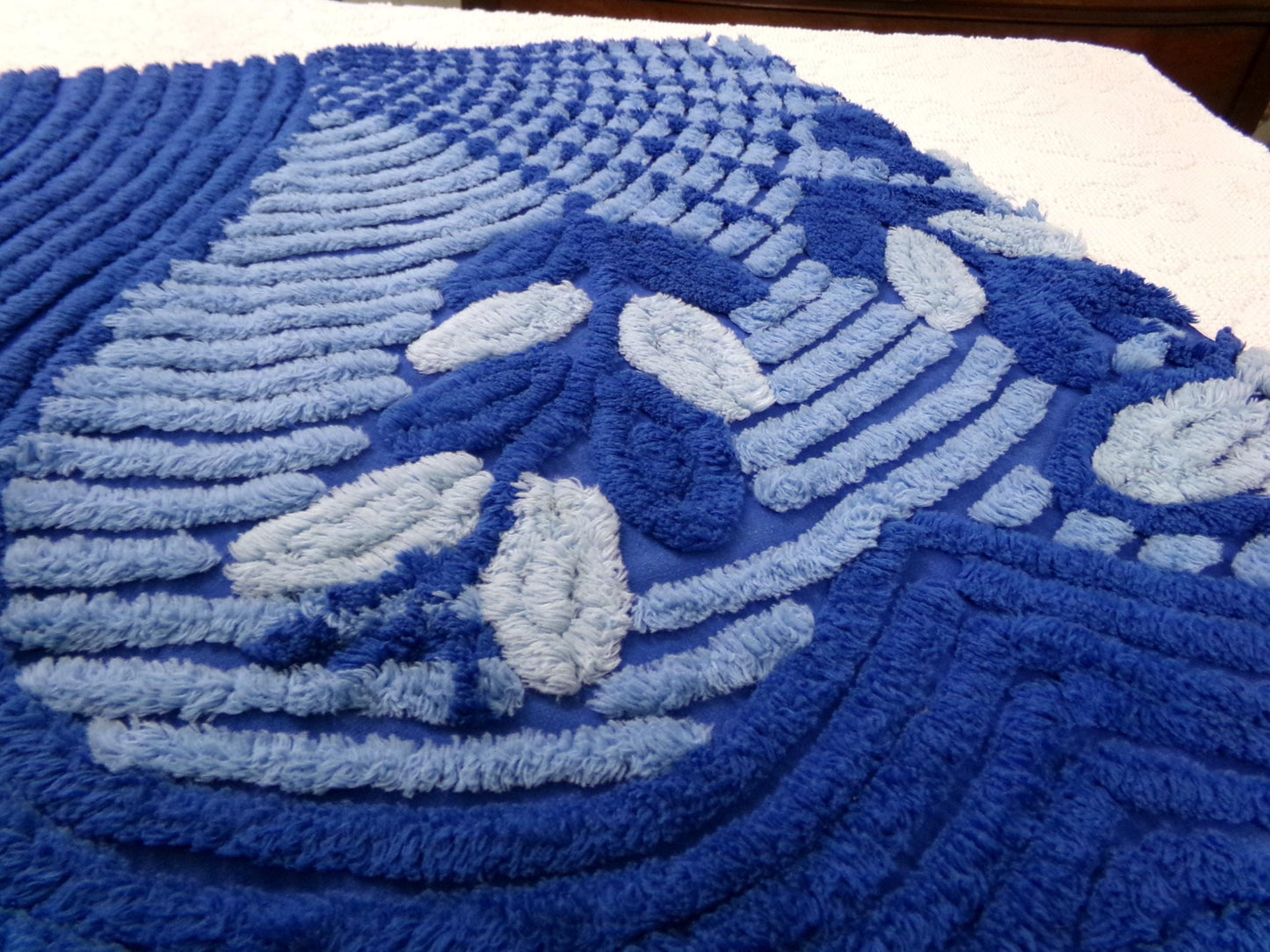 vintage chenille bedspread fabric, mystic blue fan floral sewing material, 22" x 21" piece