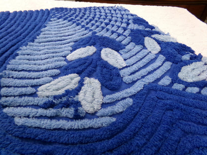 vintage chenille bedspread fabric, mystic blue fan floral sewing material, 22" x 21" piece