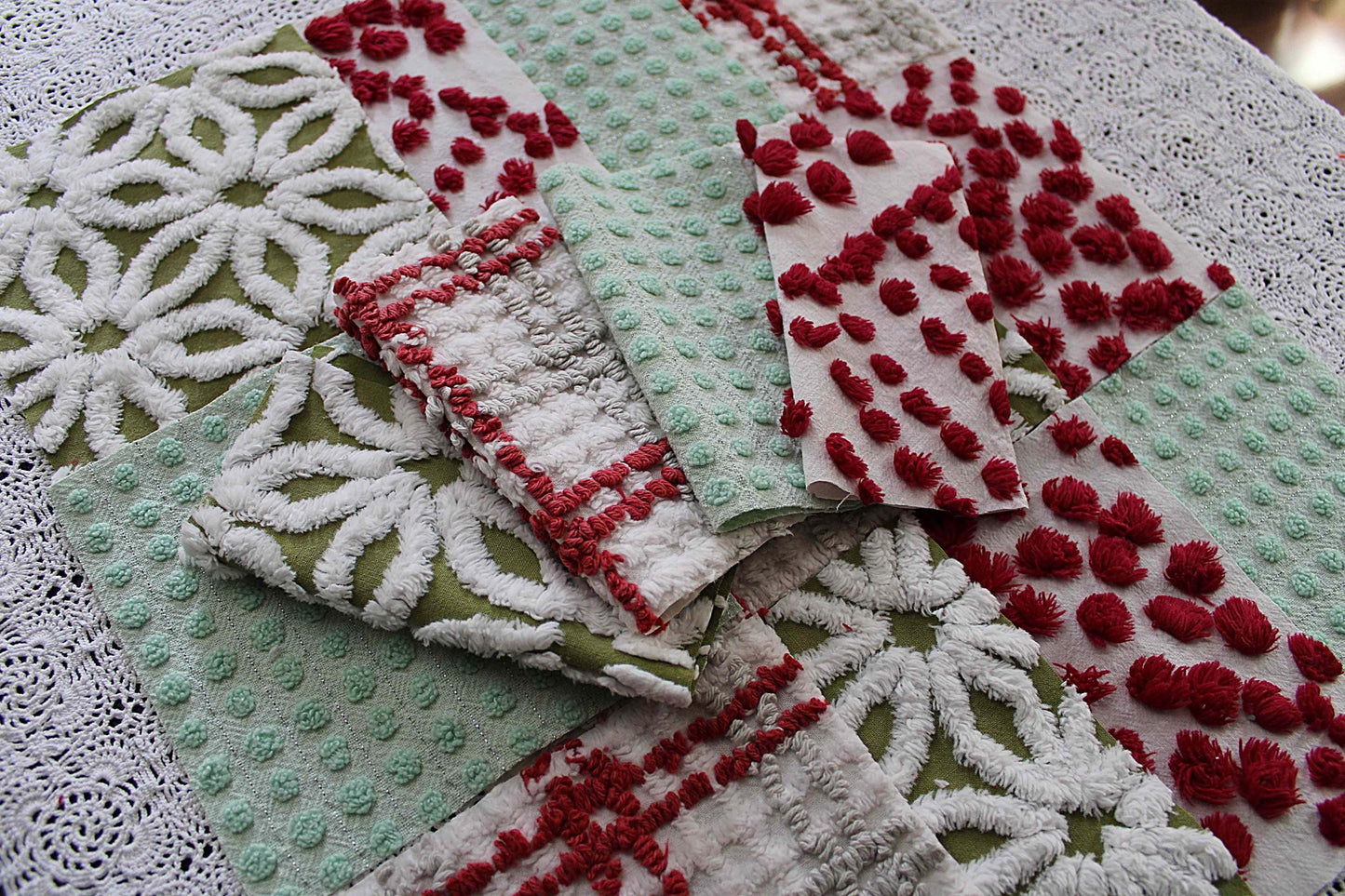 country Christmas chenille fabric squares, classic old-fashioned holiday red, green, white, set of 16 vintage quilt blocks 6" x 6" inch