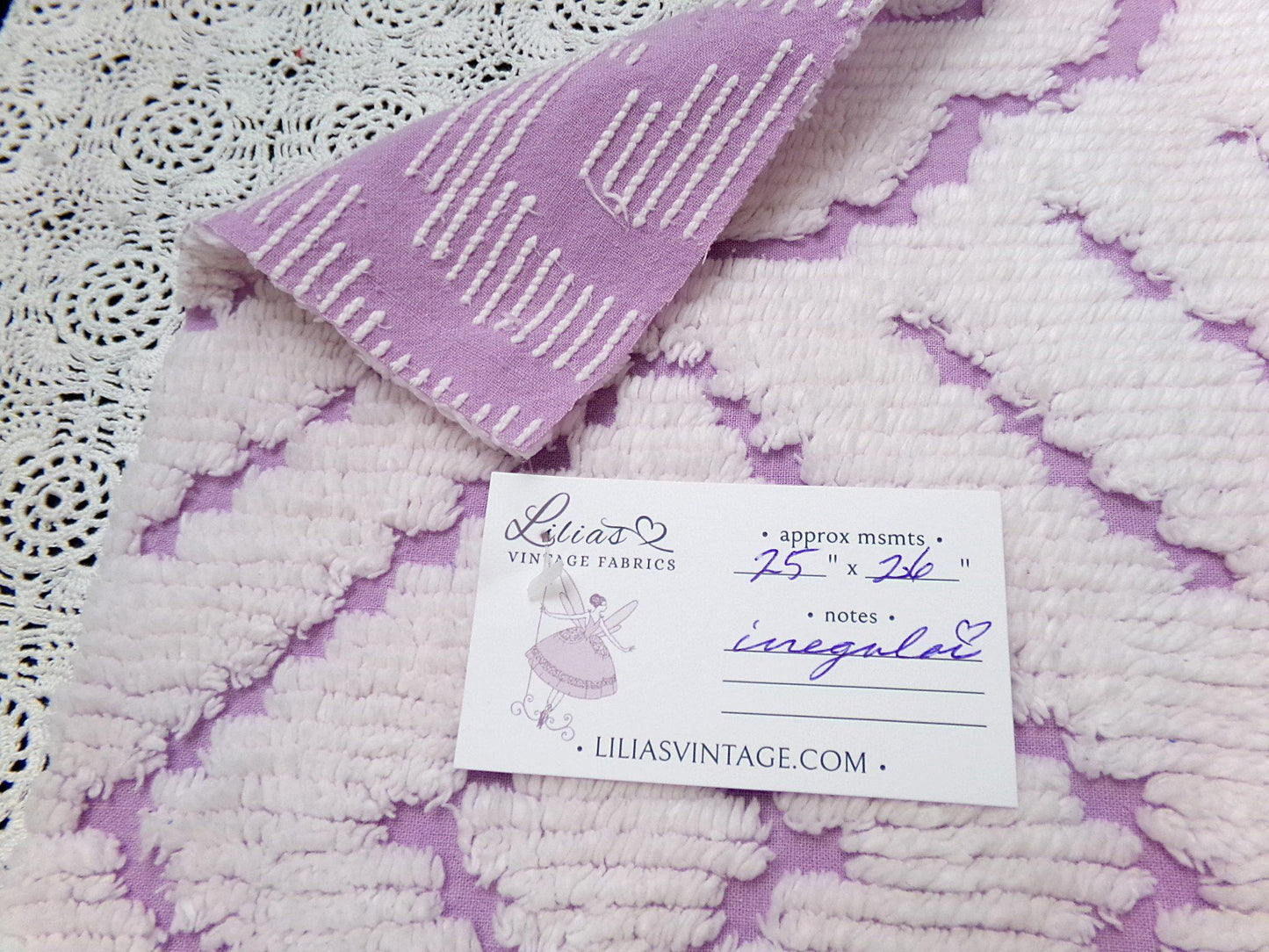 Lavender White Vintage Chenille Fabric Piece 25x26" Daisy Diamond Geometric