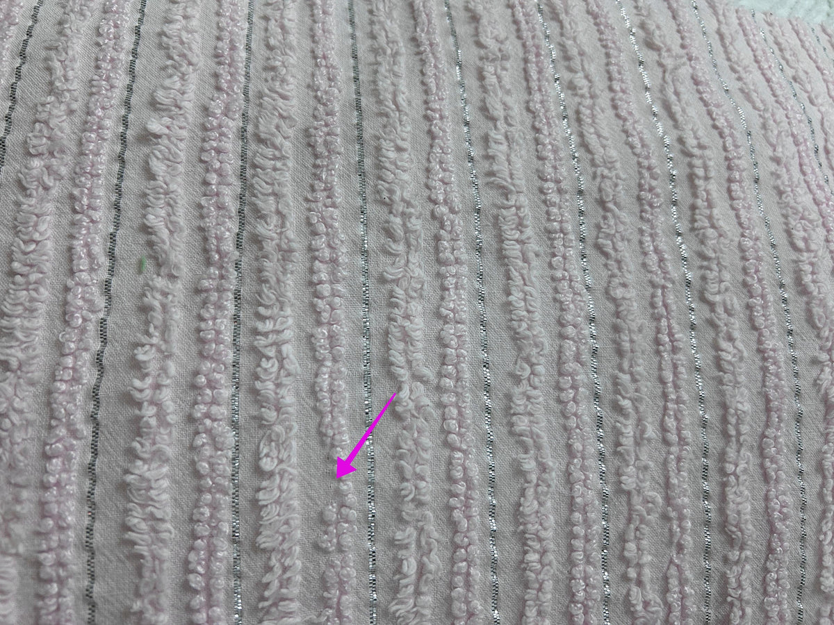Light Pink Vintage Chenille Fabric, Silver Shimmer Stripes, 22x24"