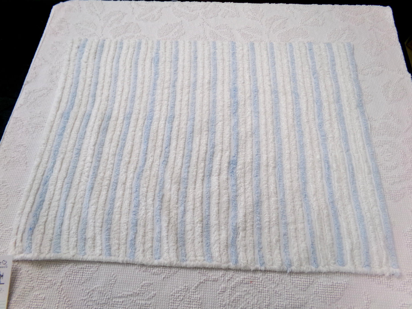 simple blue & white striped vintage chenille bedspread fabric, versatile sewing material 17" x 24"