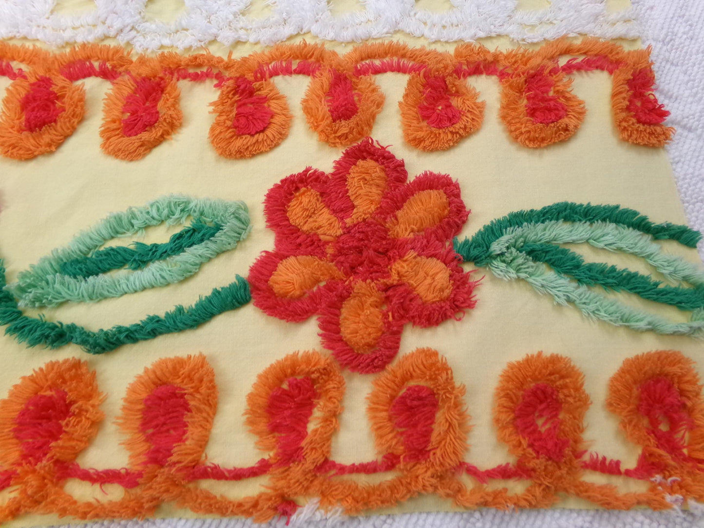 Sunny Side Up Yellow Vintage Chenille Fabric, tufted floral curlicue dots, piece sewing craft quilt material, 16" x 27"