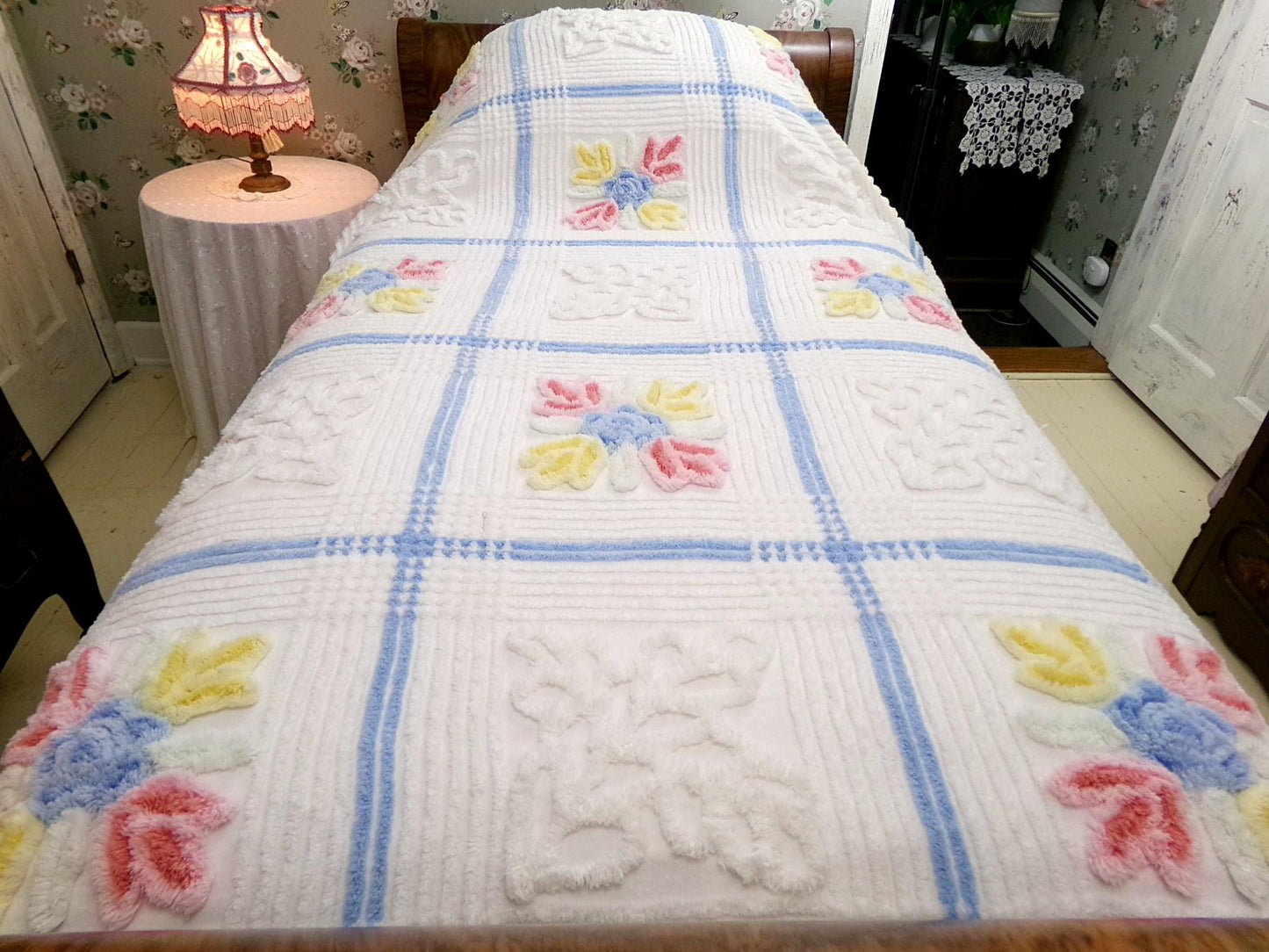 Vintage Full Size Chenille Bedspread | Country Beach Cottage | Coastal Farmhouse Decor | Cotton Seaside Chic Bedding | Beach House Style