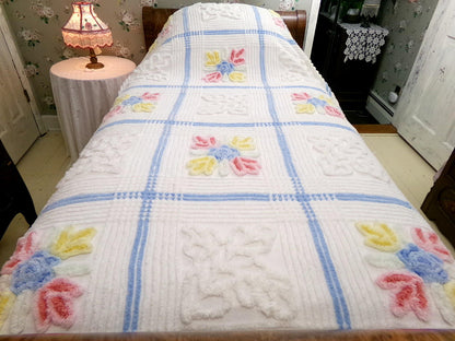 Vintage Full Size Chenille Bedspread | Country Beach Cottage | Coastal Farmhouse Decor | Cotton Seaside Chic Bedding | Beach House Style