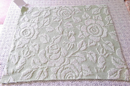 Sage Green Creamy White Cabbage Rose Chenille Fabric, 19" x 23" inch Piece, Vintage Fieldcrest Reversible Hobnail Design, Durable & Strong