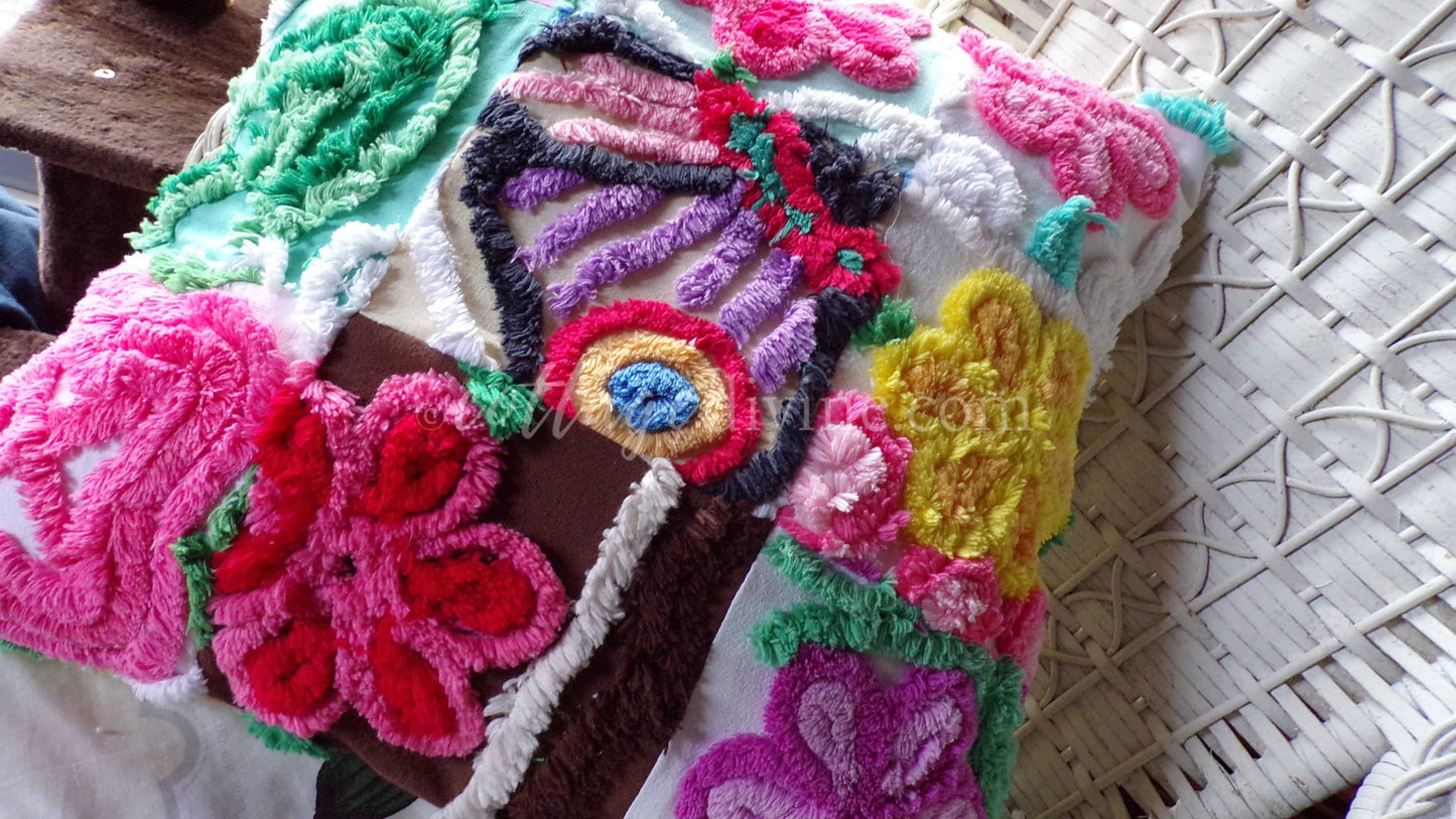 PATCHWORK Rainbow Butterfly Chenille Pillow Cover 16" x 16" Square, REVERSIBLE Accent Pillow Designed from Vintage Chenille Bedspread Fabric