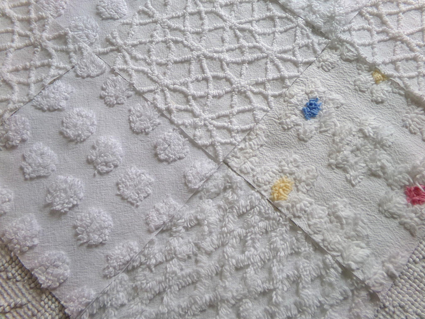 winter whimsy white chenille fabric squares, 16 vintage 6" x 6" quilt blocks, pops, webbed, diamond lattice & daisies for sewing, crafts