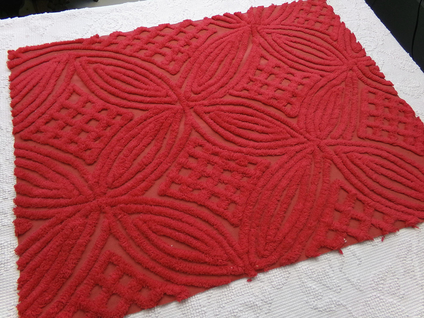 Vintage Chenille Bedspread Fabric Cherry Red Craft & Sewing Material 18" x 25"