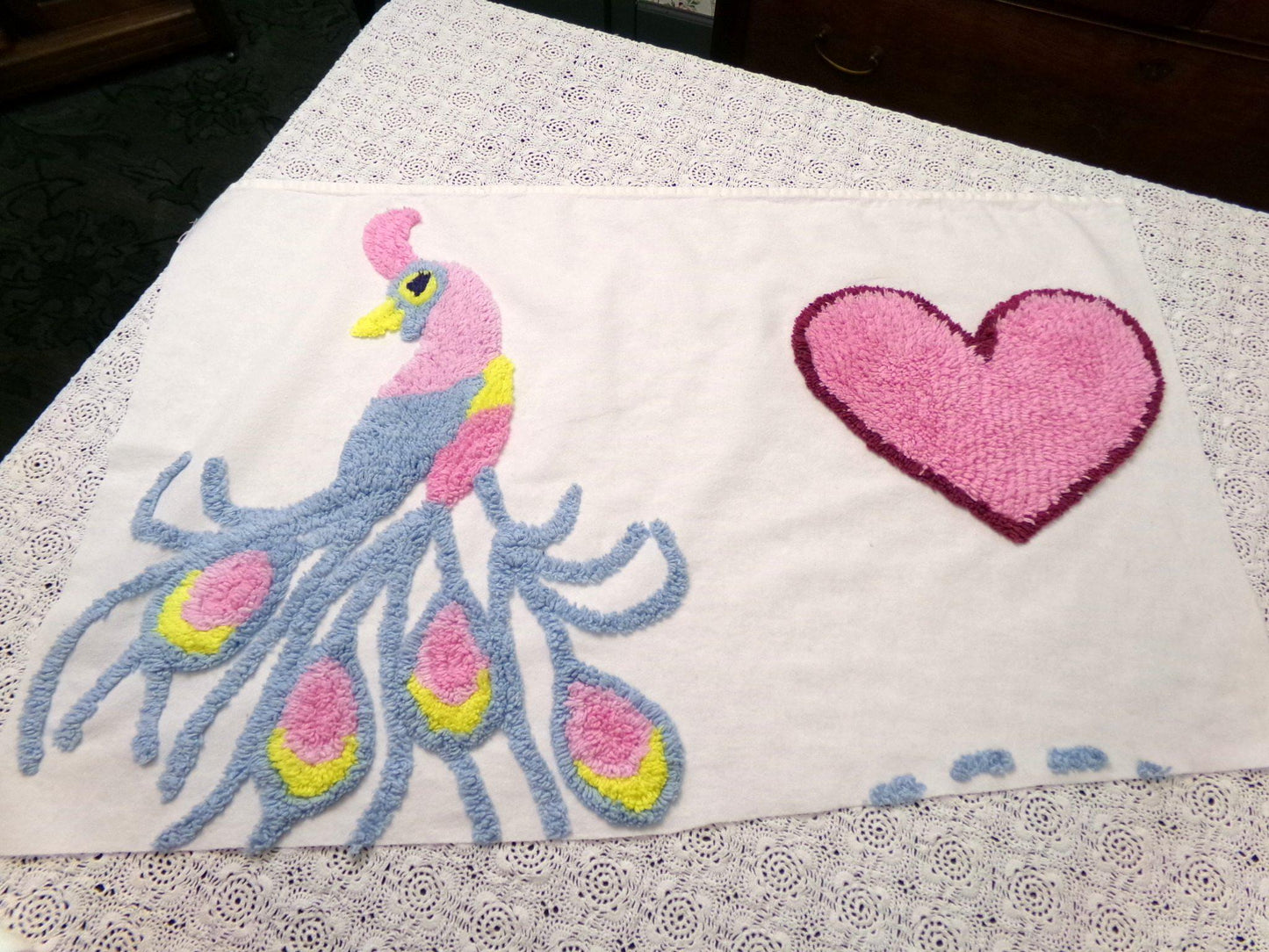 Lonely Heart Peacock Vintage Style Chenille Bedspread Fabric 18x28" Craft Panel