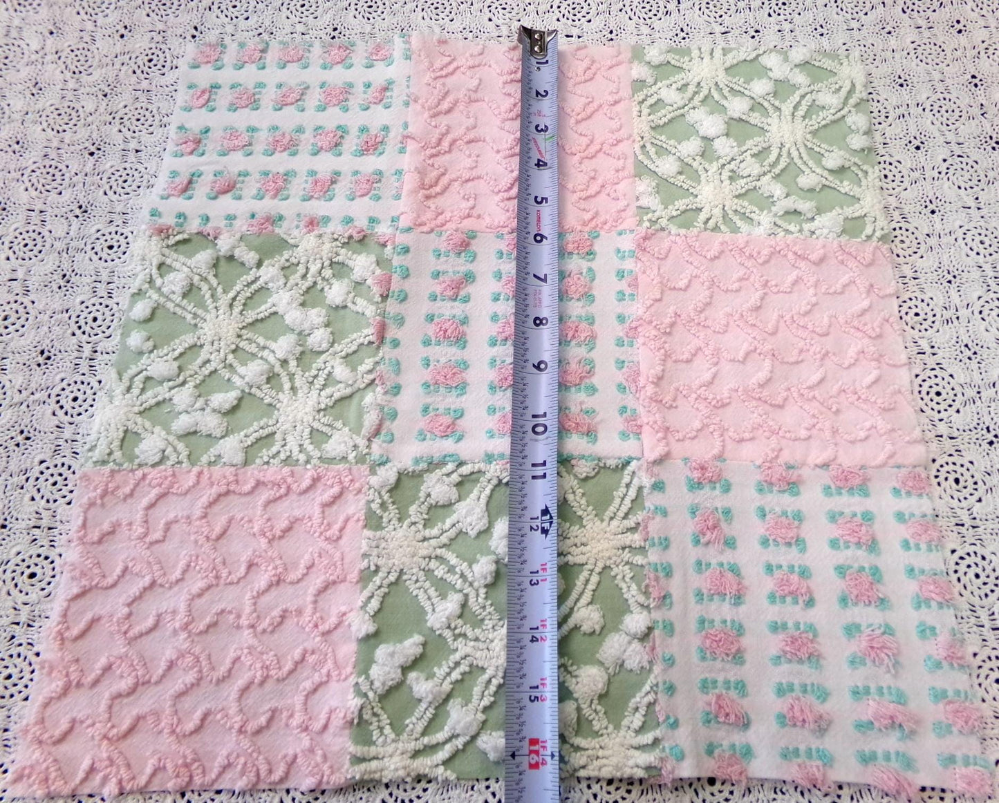 Vintage Patchwork Chenille Fabric Craft Panel, 16" Square, Cottage Style DIY Pillows