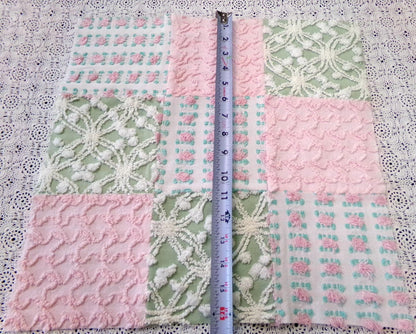 Vintage Patchwork Chenille Fabric Craft Panel, 16" Square, Cottage Style DIY Pillows