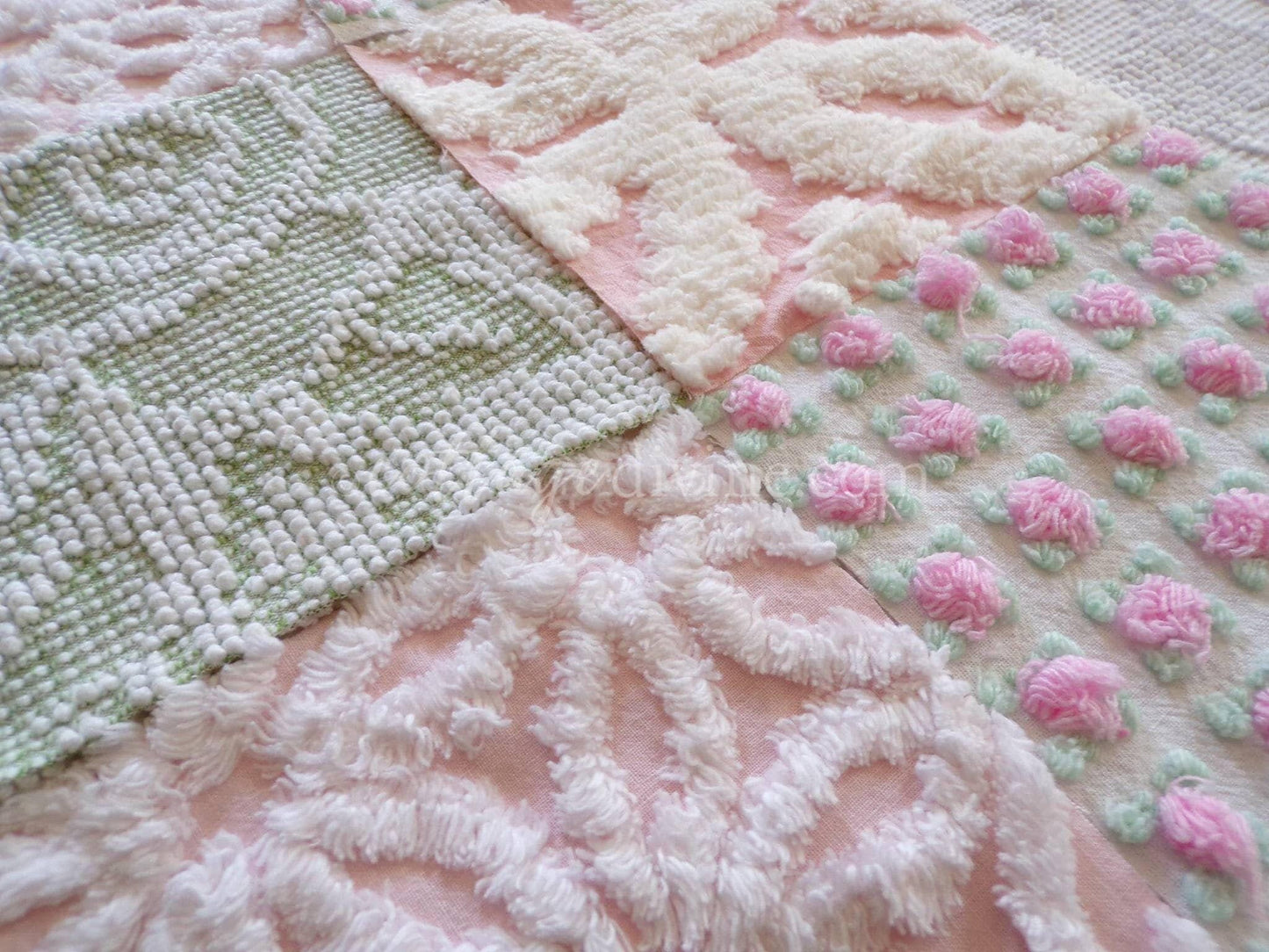 flower nymph chenille fabric squares, pink rosebuds, white daisy, sage green, 16 vintage 6" x 6" quilt squares for sewing & crafts