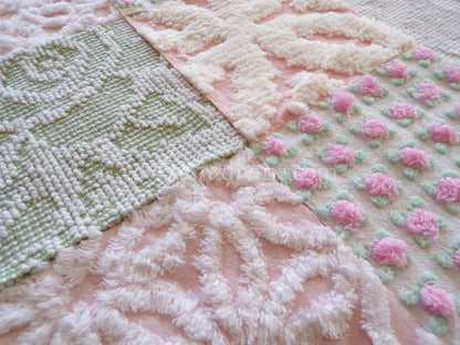 flower nymph chenille fabric squares, pink rosebuds, white daisy, sage green, 16 vintage 6" x 6" quilt squares for sewing & crafts