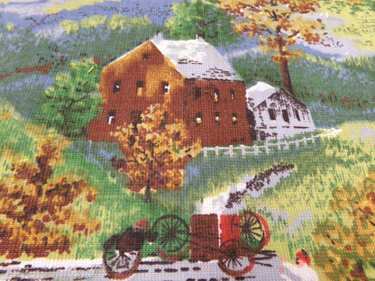 Grandma Moses HALLOWEEN Vintage Barkcloth Fabric, Midcentury Rustic Spooky Scene, 17" x 23"