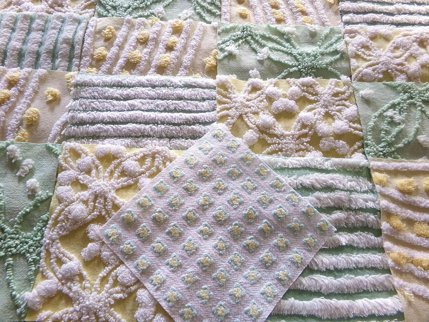 Fern & Flora Vintage Chenille Fabric Squares Set of 17 Blocks, 6" inch ea, Cheery Stripes, Dots Geometric Designs