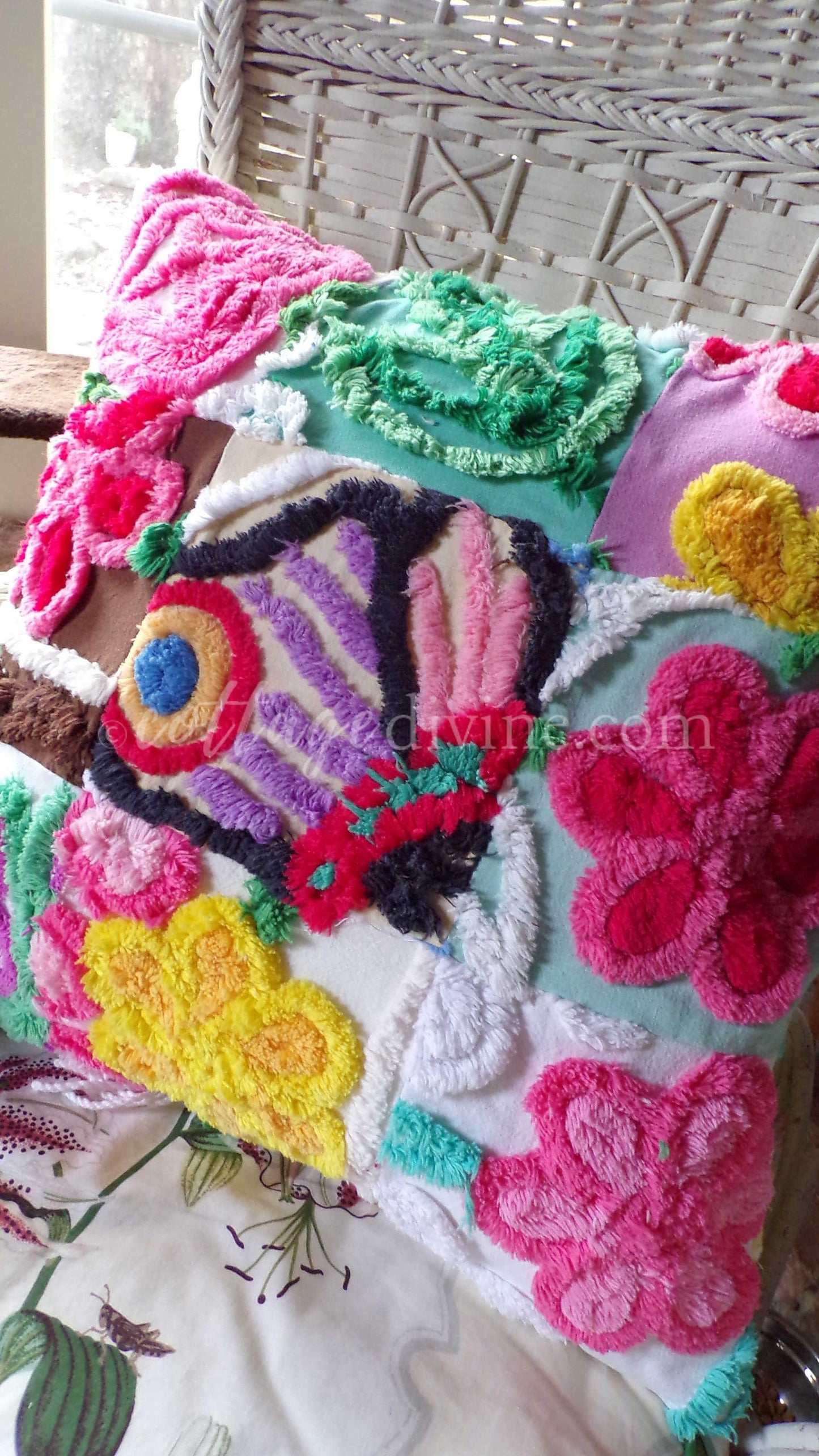 PATCHWORK Rainbow Butterfly Chenille Pillow Cover 16" x 16" Square, REVERSIBLE Accent Pillow Designed from Vintage Chenille Bedspread Fabric