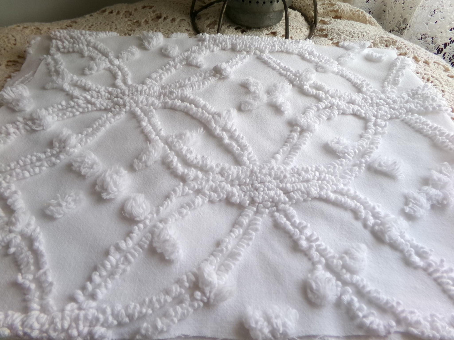 timeless white vintage chenille fabric, classic wedding ring & pop design, 18" x 24" piece of sewing, craft, quilt material