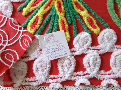 Vintage Peacock Chenille Bedspread Fabric, Pair of Lovebirds on Vivid Red & White Curlicues, 31" x 20" inch Piece, 100% Cotton