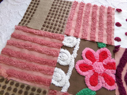 chocolate cake vintage chenille fabric squares, set of 16 yummy 6" craft blocks in brown & mauve pink for quilt inlays, pillows, fiber arts