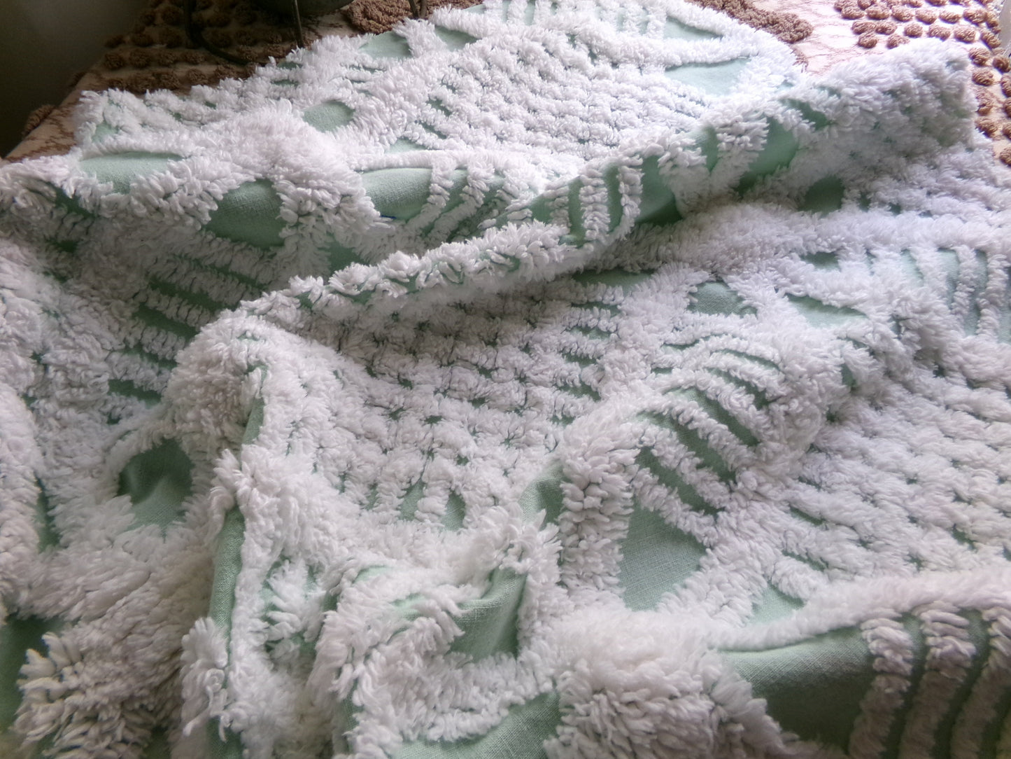 Mint Green Vintage Chenille Quilt Fabric, 21" x 30" inch Piece, White Geometric Wedding Ring Pattern