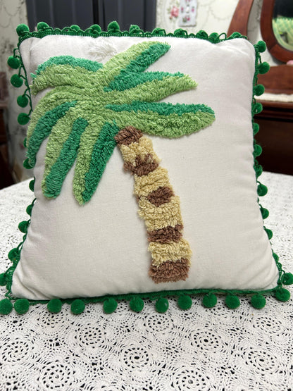 Palm Tree Vintage Chenille Pillow Cover Reversible 12" Square, Tropical Bungalow