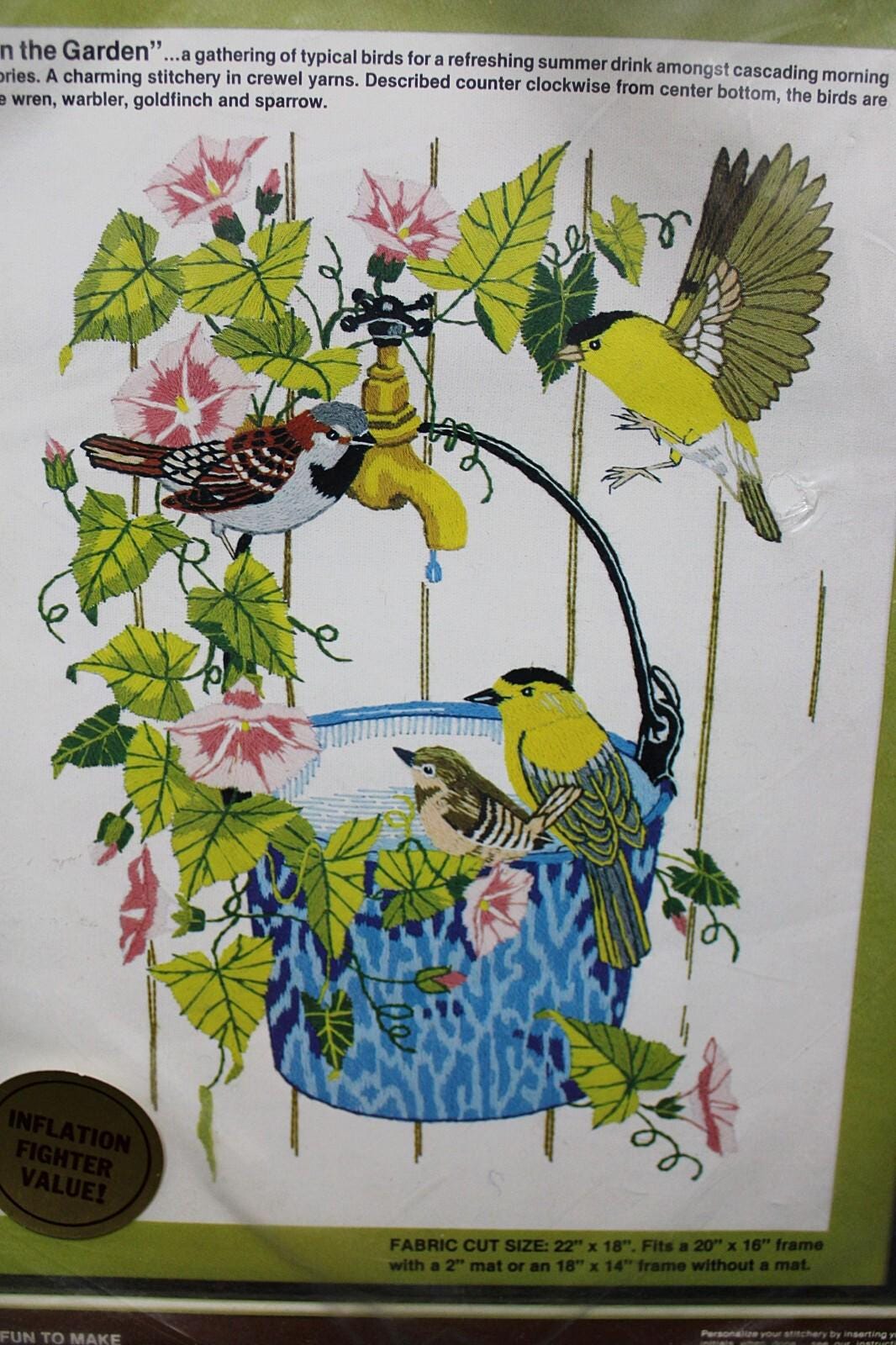 IN THE GARDEN Vintage Crewel Embroidery Kit Song Birds Floral Paragon Stitchery 0946