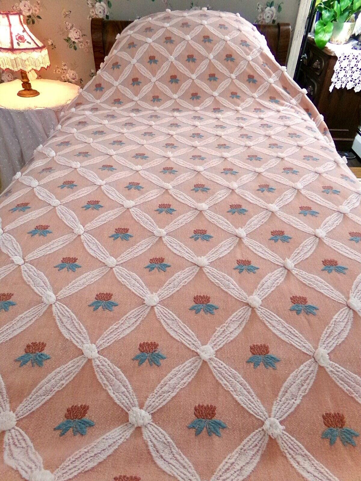shabby chic style vintage woven & chenille bedspread, coral rose twin coverlet
