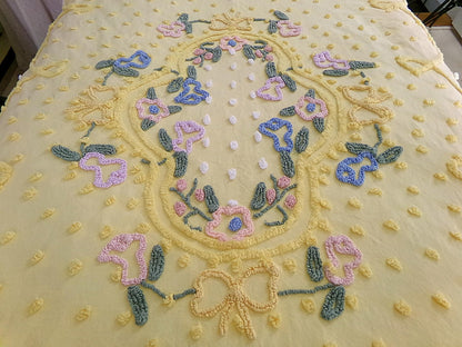 Sunny Floral Vintage Chenille Bedspread, Cotton Summer Coverlet, Twin Sz Bedding