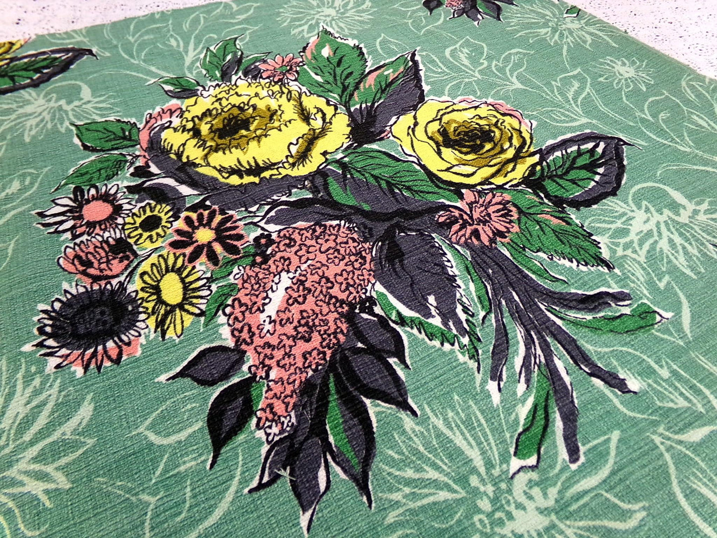 Vintage Green Floral Barkcloth Fabric Panel, Tonal Rose Shadow Leaf Design 21"x20.5"