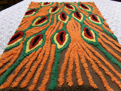 peacock feathers vintage chenille bedspread fabric boho exotic plumes brown orange 14.5x19.5"