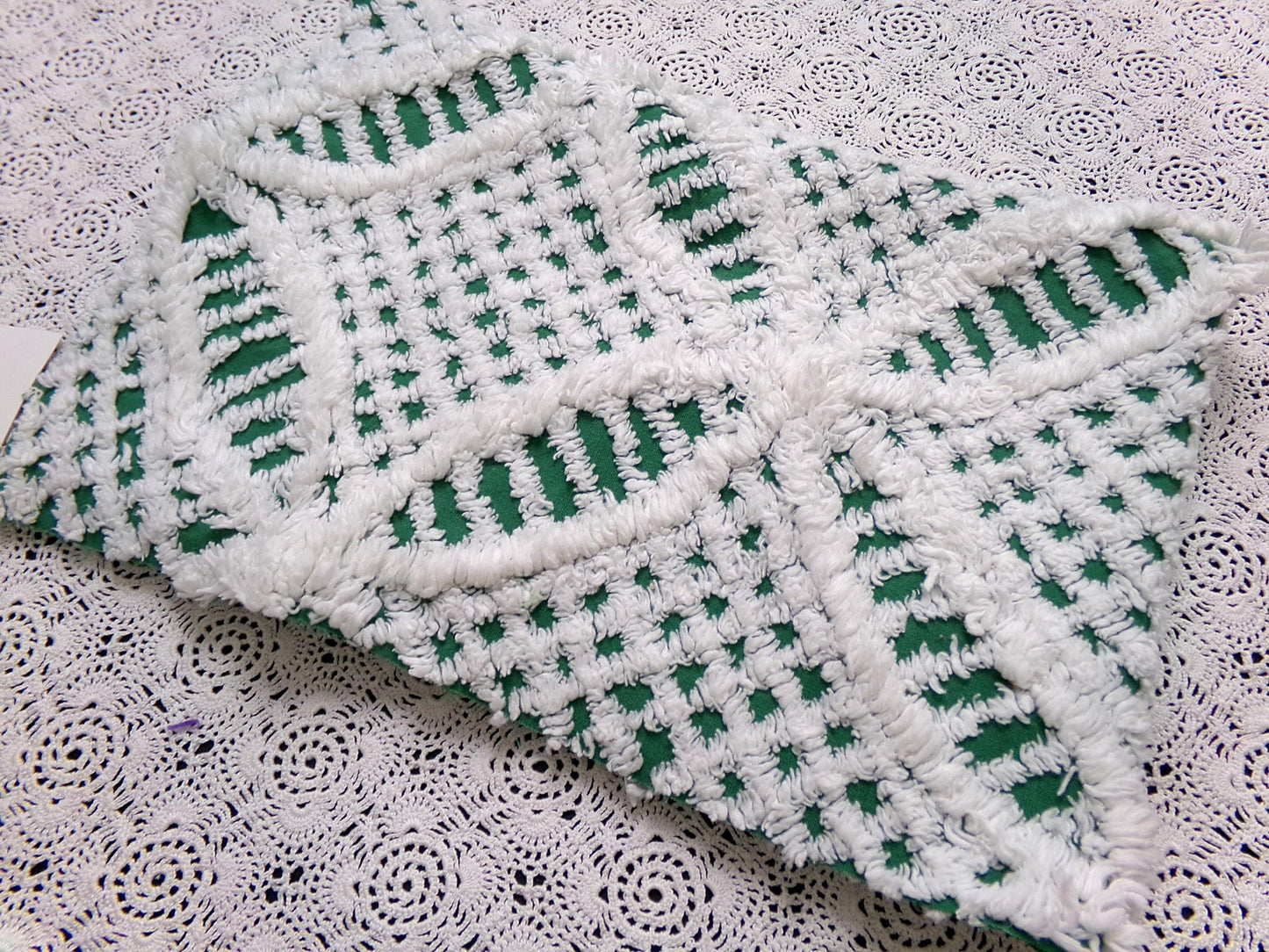 green & white vintage chenille bedspread fabric, 18" x 26" geometric design