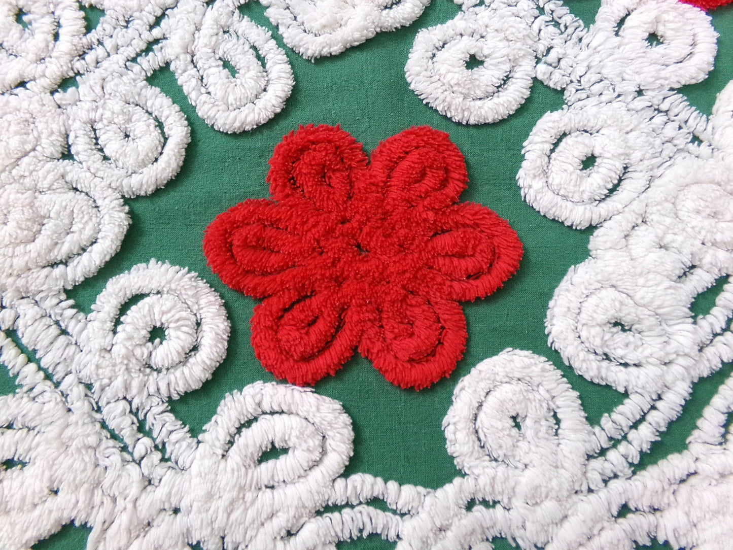 Evergreen Rose Vintage Chenille Fabric, white swirl sewing craft quilt material, 20" x 24" piece