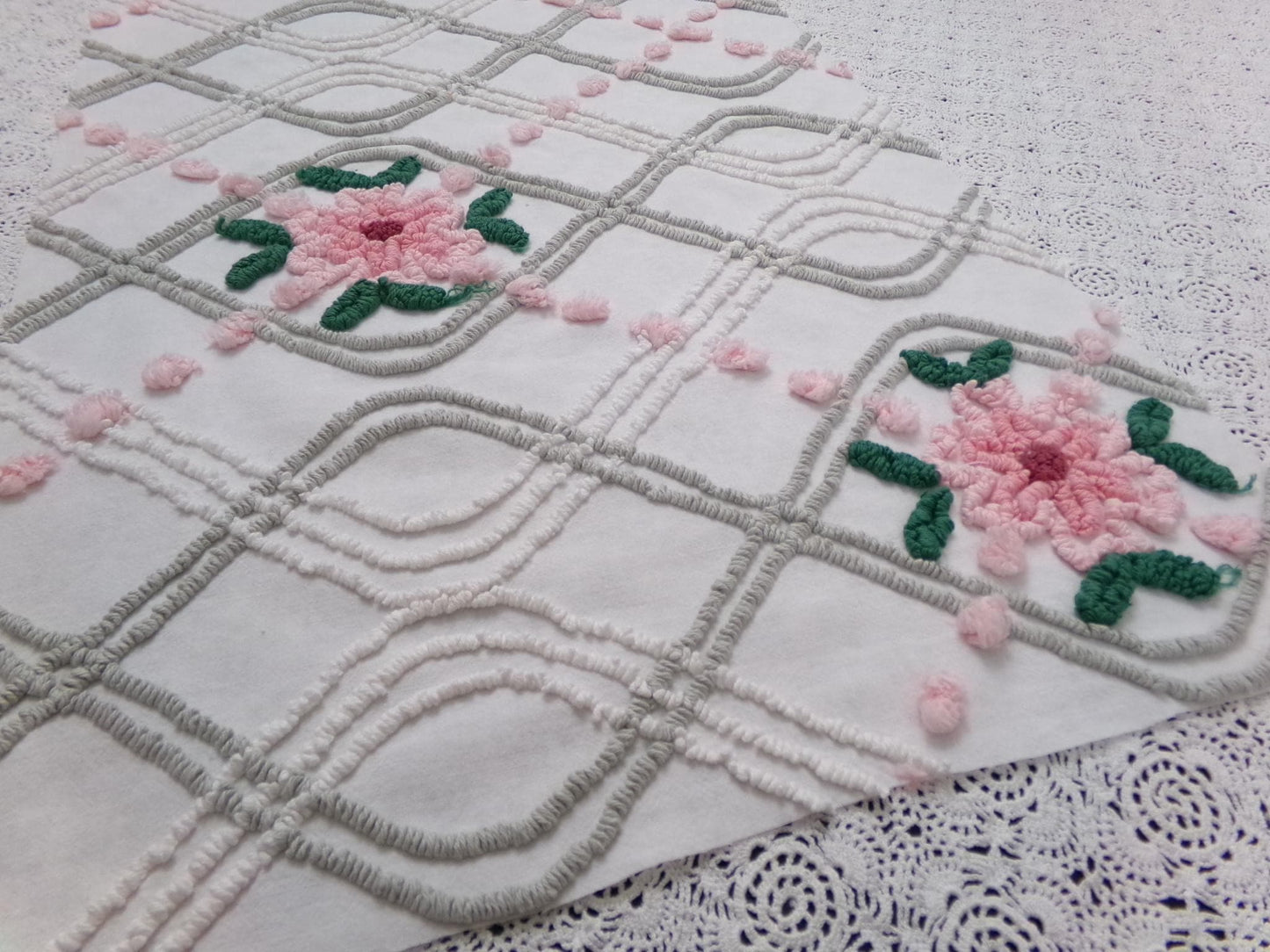 Romantic Rose Vintage Chenille Bedspread Fabric Dove Grey, Pink White Quilt Material 16" x 24"