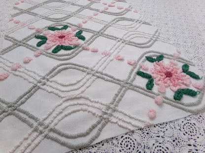 Romantic Rose Vintage Chenille Bedspread Fabric Dove Grey, Pink White Quilt Material 16" x 24"