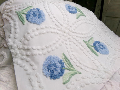 Plush Blue Mum Vintage Chenille Fabric, Tufted Floral on White Cotton 23" x 23" Piece of Sewing Material